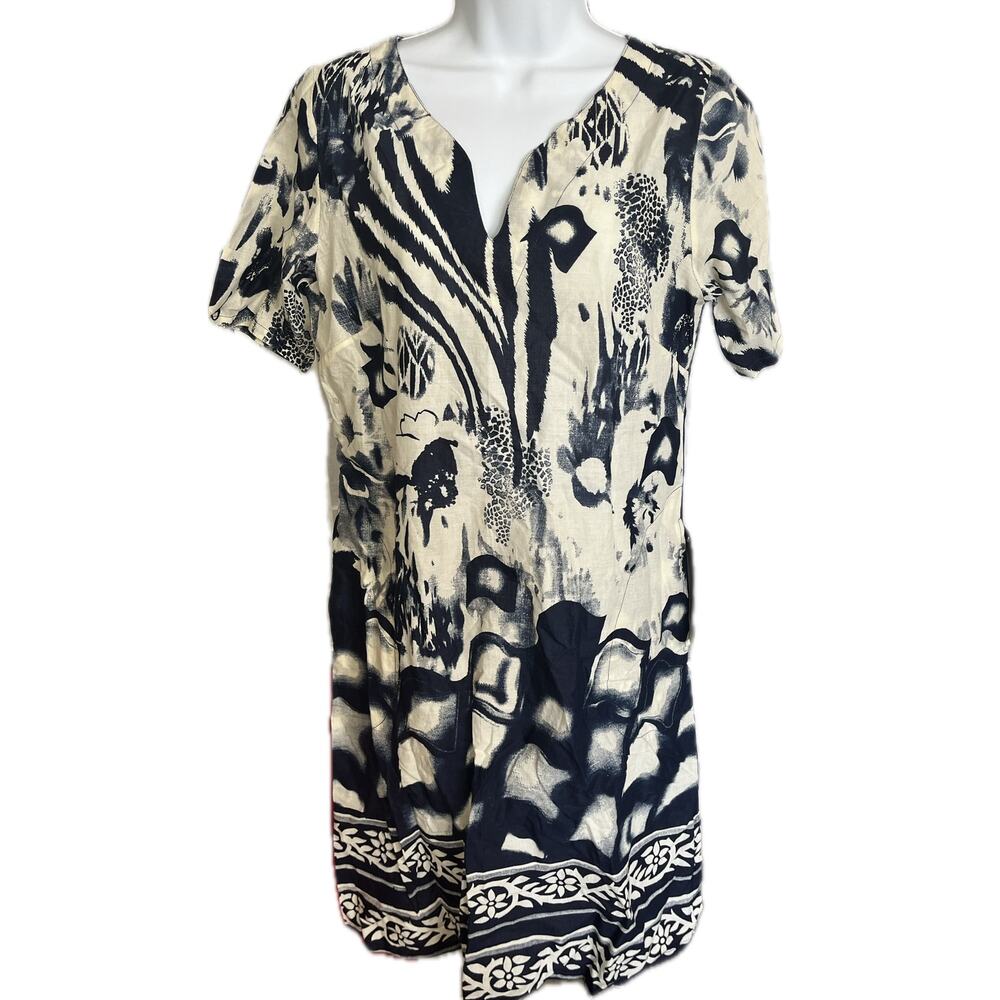 Adrift Dress Blue white animal print short sleeve mini dress pockets Large NWT